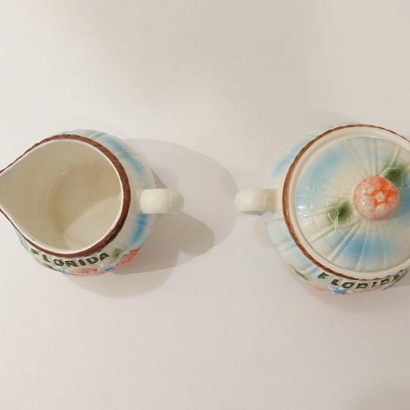 Florida Oranges 3D with blue flowers Creamer and Sugar Bowl with Lid Set - Picture 5 of 6